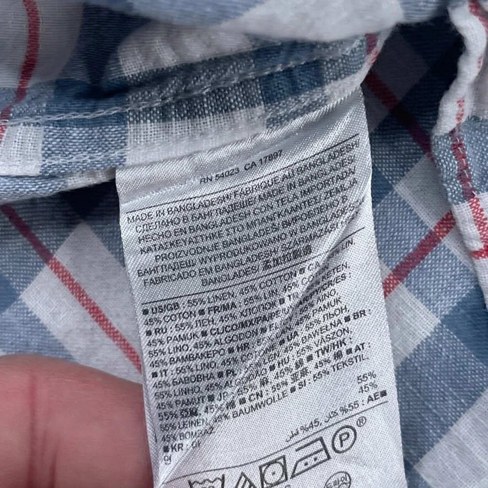 Banana Republic Mens Shirt Large Grey Red Checkered Linen Blend Coastal‎ Preppy
